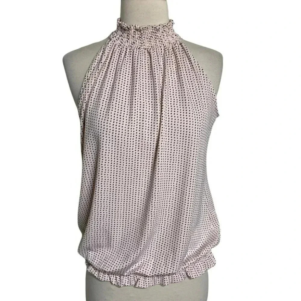 Adrianna Papell Halter Top M Pink Polka Dot Smocked High Neck Ruffle‎ Hem Shell